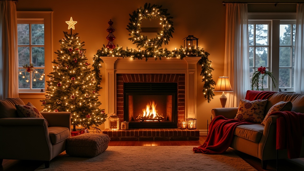 A cozy living room decorated for Christmas, with a well-lit Christmas tree, garlands, and sparkling ornaments